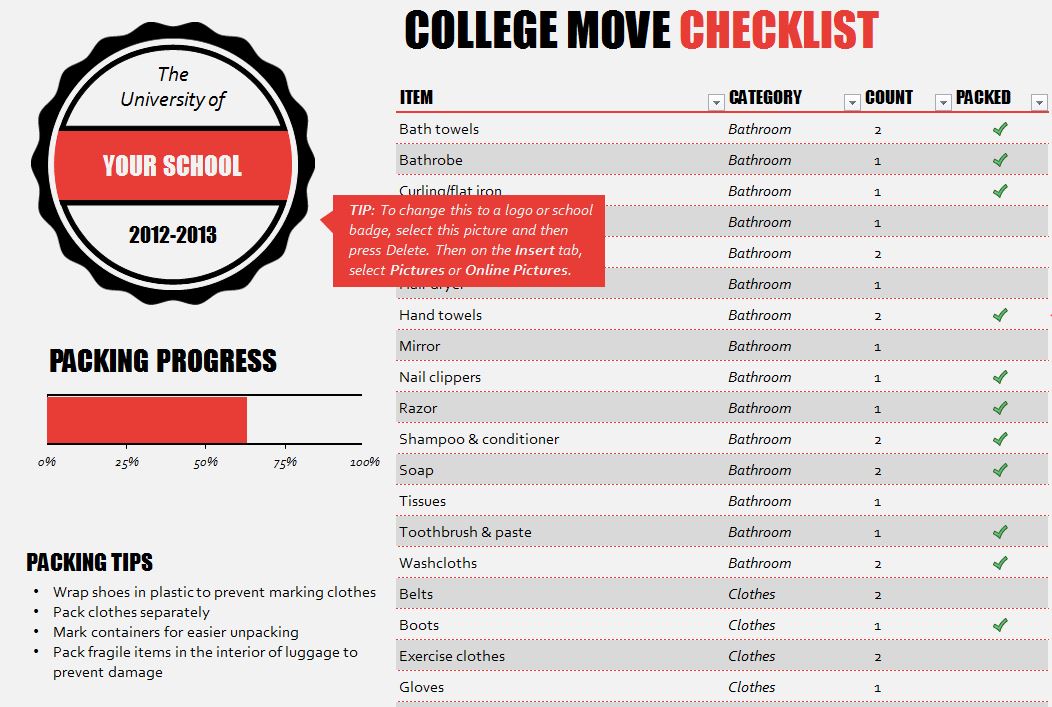 college moving in checklist