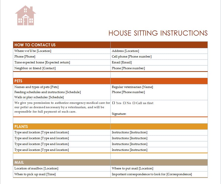 House Sitting Checklist House Sitter Checklist