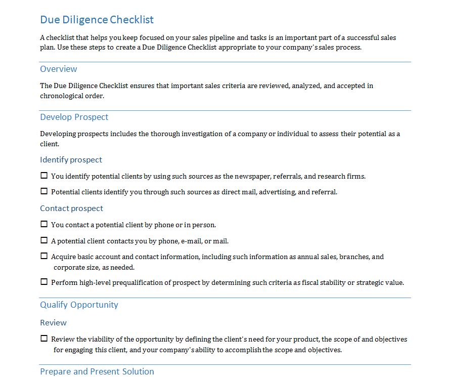 Due Diligence Checklist Due Diligence Checklist Sample