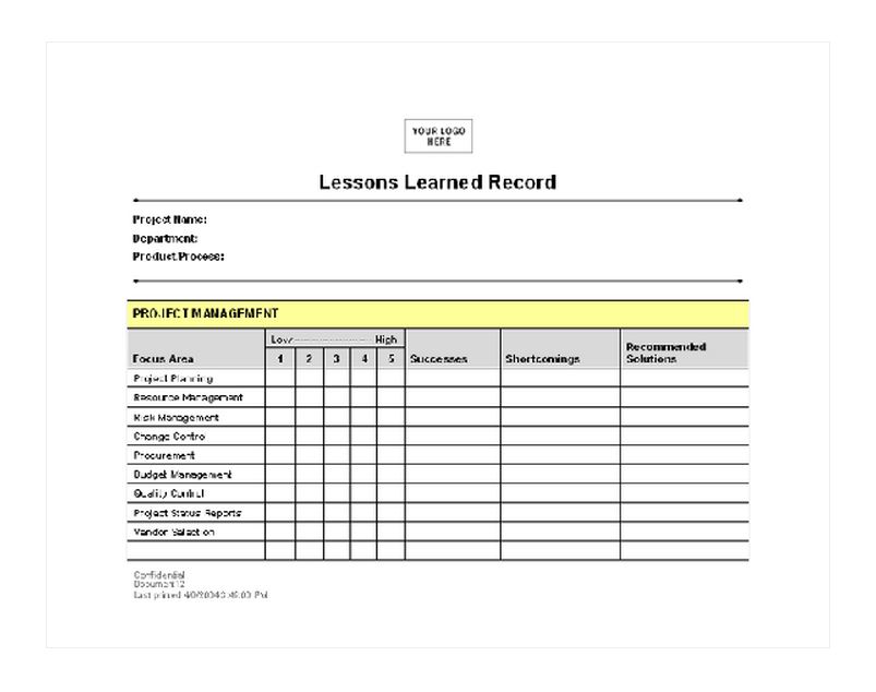 Lessons Learned Checklist Lessons Learned Template