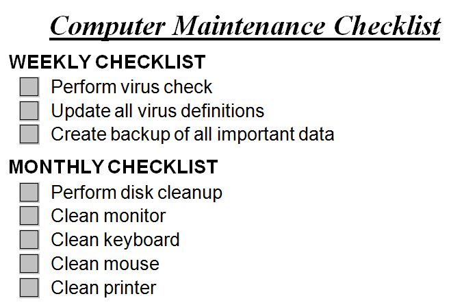 Computer Maintenance Checklist Computer Checklist