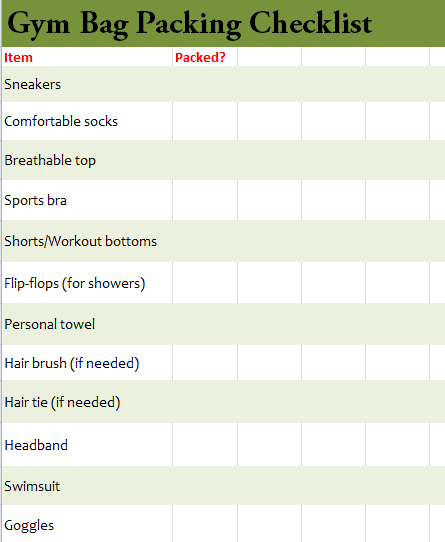 gym bag packing list