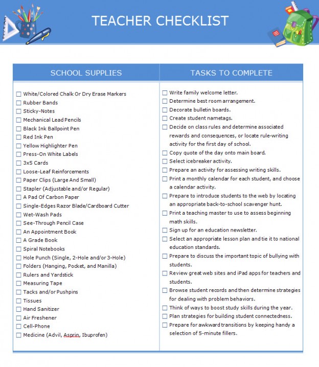 Free Printable Teacher Checklist Template