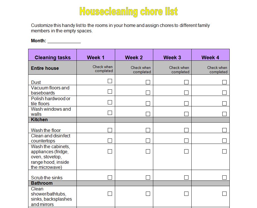 Housework Checklist Housework Checklist Printable