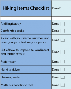 Hiking Items Checklist
