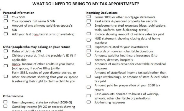 What Do I need to Bring To My Appointment: Tax Template